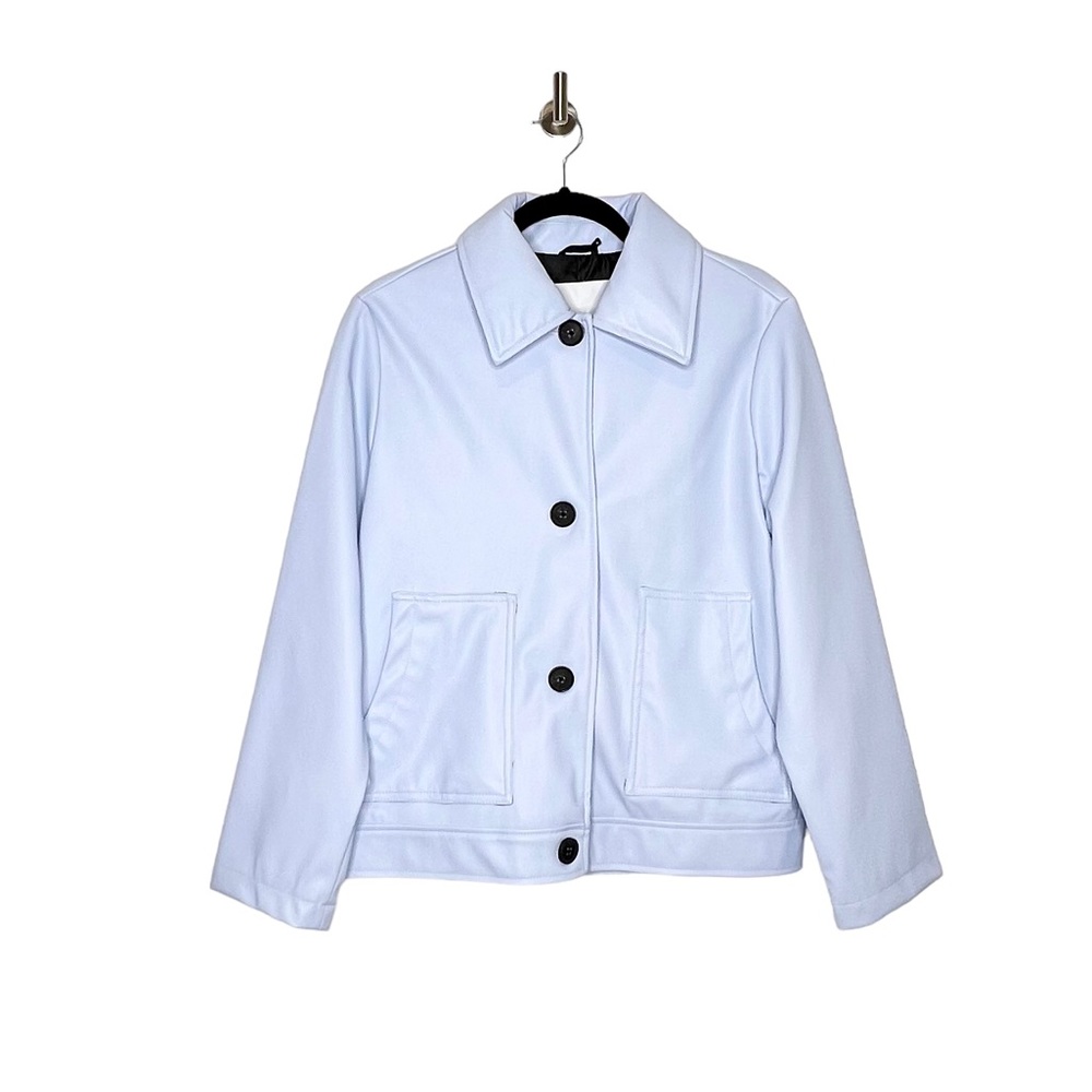 NVLT Women’s Vegan Leather Collared Trucker Jacket in Blue Size Small Petite - Picture 2 of 5